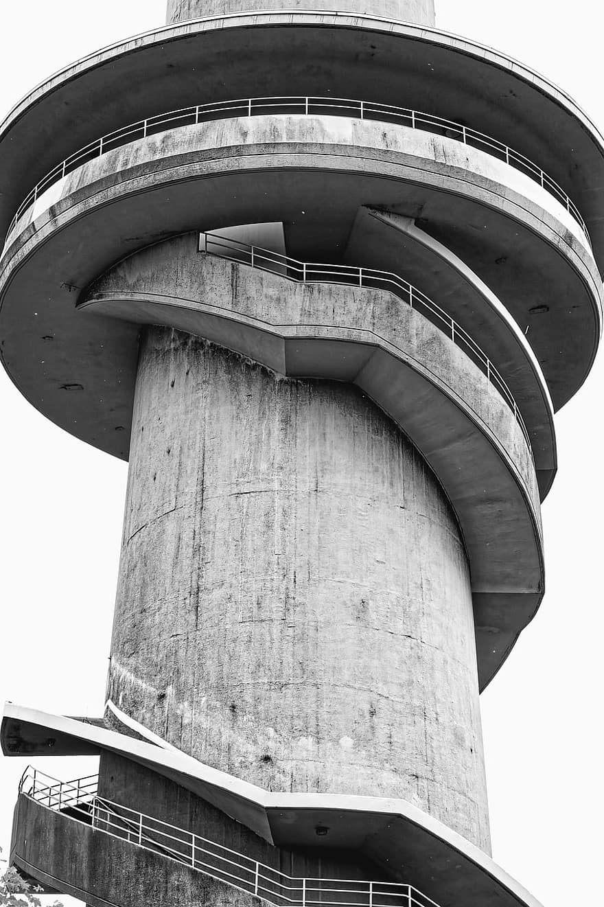 torre, torre de concreto, escaleras de la torre, torre de televisión, Torre de radio, en blanco y negro, Porta Westfalica