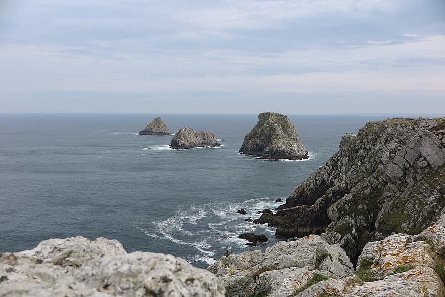 Brittany, sziklák, tenger, sziklaalakzatok, szigetecskék, tengerpart, óceán, horizont, sziklás szikla, sziklás hegyek, Franciaország
