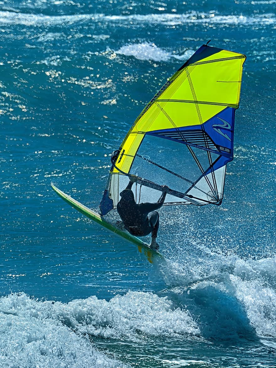 vindsērfings, vējš, viļņi, lidošana, krāsains, saulains, lekt, kustību, ūdens