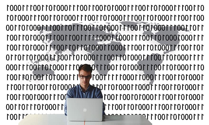vyras, nešiojamas kompiuteris, žemynuose, dvejetainis, kodą, kompiuteris, skaitmeninis, tinklą, programavimas, internetas, komunikacijos