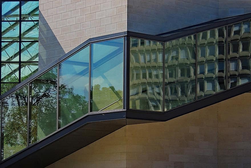 gebouw, trap, museum, stedelijk, stad, architectuur, reflectie, venster, glas, modern, buitenkant van het gebouw