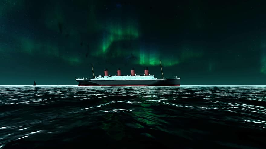auroras boreales, titánico, mar, enviar, Oceano, paisaje, crucero, navegación, Render 3d, barco náutico, agua