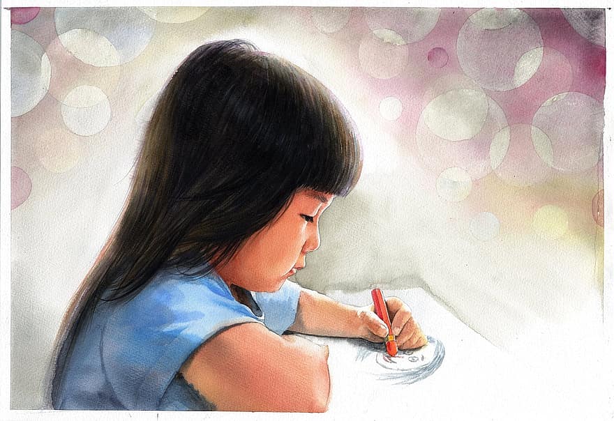 akvarell portré, vízfestmény, Művészet, művek, ázsiai, lány, gyermek