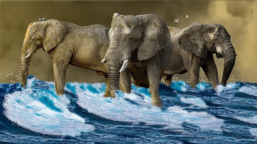 elefanti, mare, natura, oceano, onde, onde del mare, mammiferi, animali, animali selvaggi, tronco