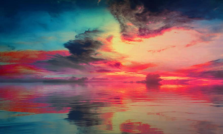 reflexión, amanecer, Dom, puesta de sol, paisaje, cielo, naturaleza, mar, oscuridad, agua, nubes