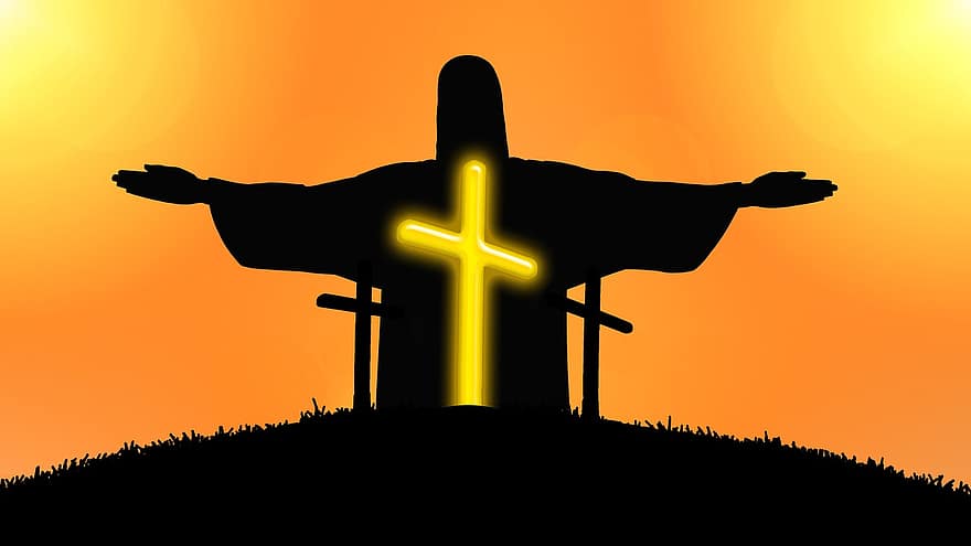 Великден, възкресение, Исус, клиника, небе, кръст, залез, силует
