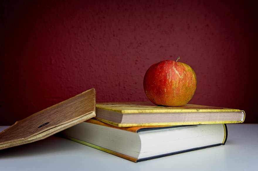 alma, oktatás, könyvek, gyümölcs, élelmiszer, csendélet, táplálék, egészséges, háttér