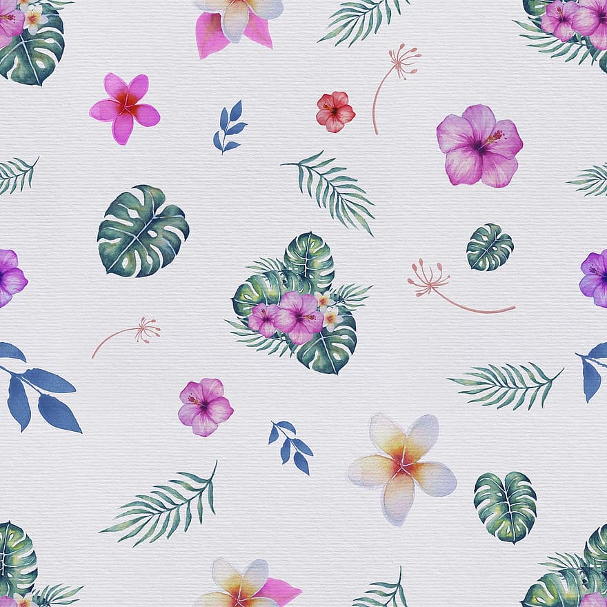 Pattern, Seamless, Flowers, Watercolour, Background, Wallpaper, Decorative, Floral, Palm Leaves, Colorful, Paper