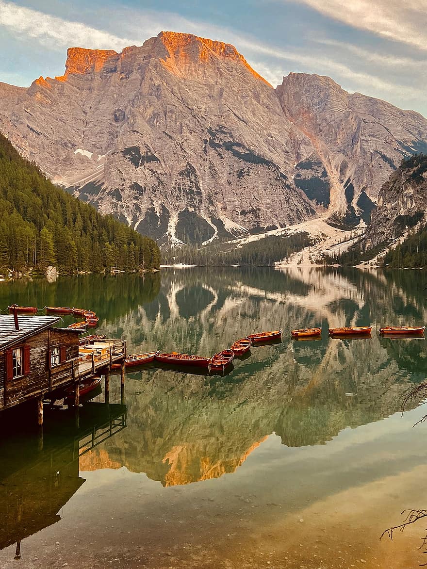 pragmer wildsee, meer, Dolomieten, Italië, Zuid-Tirol, Alpen, bergen, bergmeer, natuur, berg-, landschap