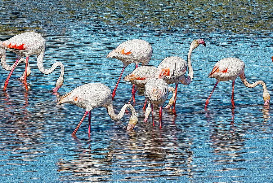flamingo's, poster, dieren, dier, camargue, phoenicopterus, roze flamingo, vogelroze, moeras, roze, vogelstand
