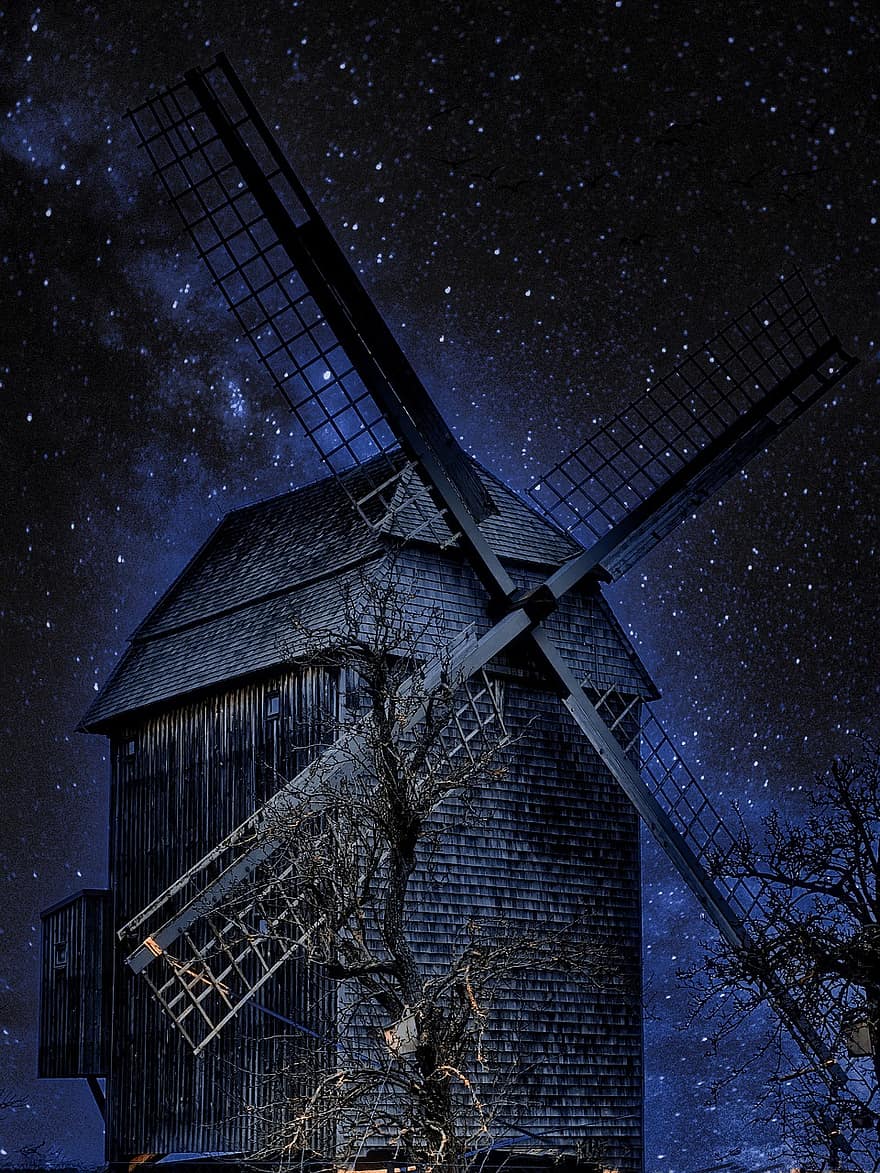 Moulin à vent, énergie éolienne, nuit, soir, étoiles, voiles, vieux, bâtiment, architecture, historique
