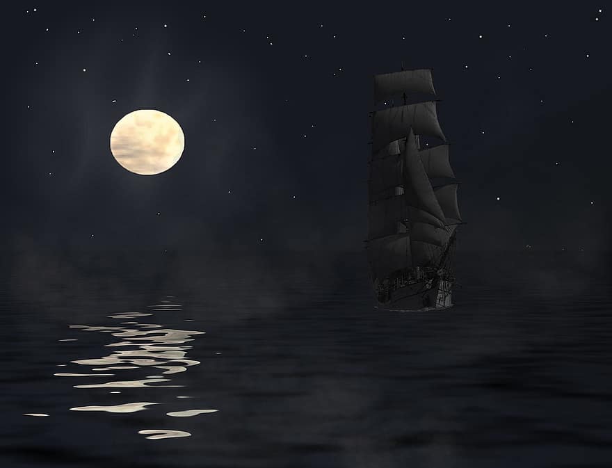 船乗り、帆、節約する、夜、月、月光、船、落ち着いた、海、帆船、湖