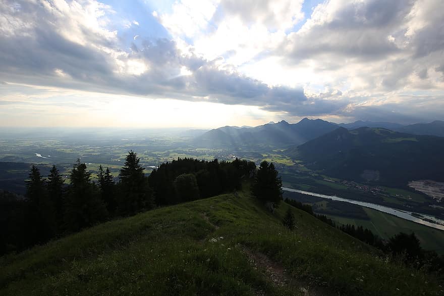 munţi, vale, Heuberg, bavaria superioară, peisaj, Alpi, panoramă, lumina soarelui, cer, nori, râu