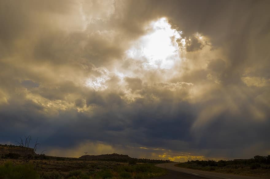 облаци, пустинен, дъжд, слънчева светлина, лъчи, път, пейзаж, небе, магистрала, пътуване, Ню Мексико