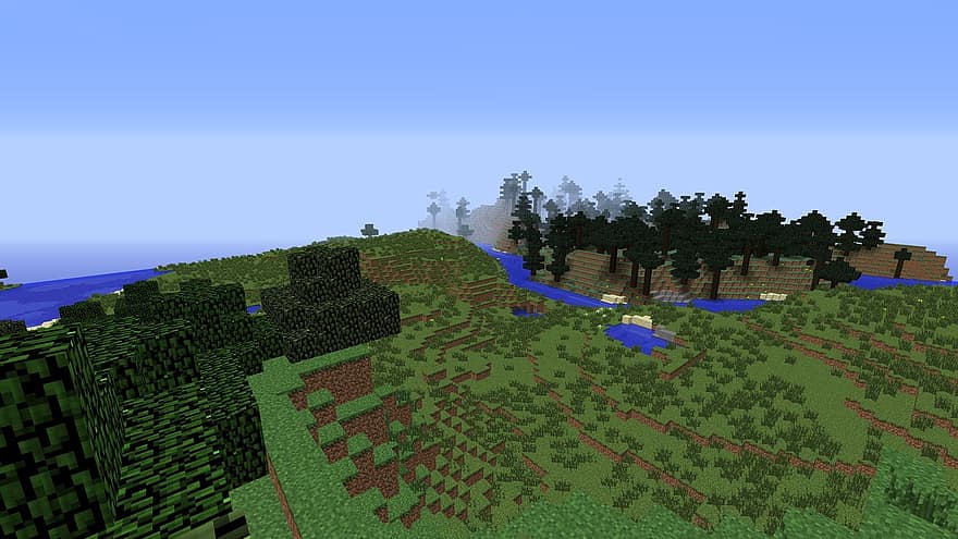 Minecraft, Biom, prado, hierba, jugar, pastos, las flores, colina, montañas, arboles, agua