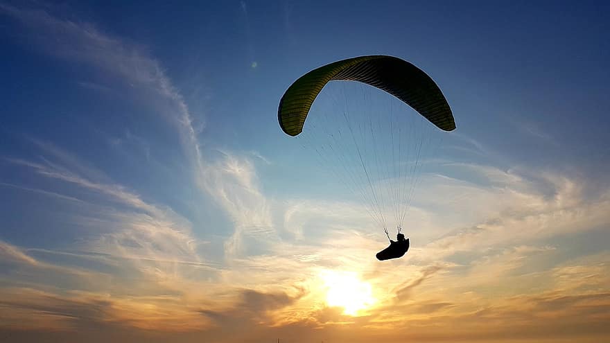 Paralotnia Zachód, paragliding, dom, łatwość, latający, smok mucha, radość z życia, radość, słońce, zachód słońca, relaks