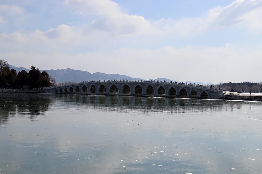 ežeras, Kunmingo ežeras, Septyniolikos arkų tiltas, vasaros rūmai, Kinija, vanduo, architektūra, tiltas, žinoma vieta, mėlyna, kraštovaizdį