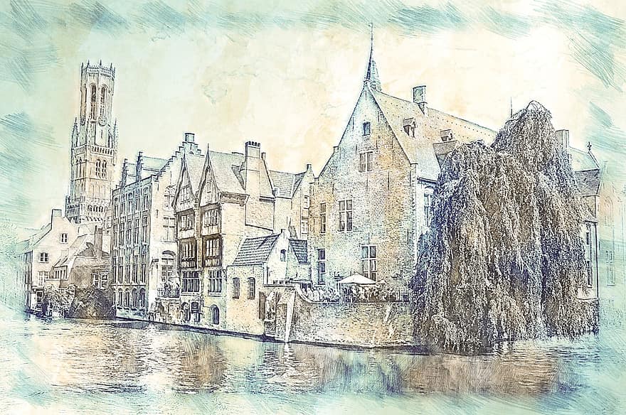 колокольня, башня, Bruges, канал, исторический центр, идиллический, фасадов, архитектура, средневековый город, река, колоритный