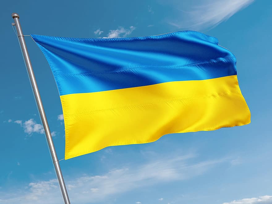 Ukraina, flaga, transparent, pokój, słońce, niebo, chmury, patriotyzm, niebieski, symbol, żółty