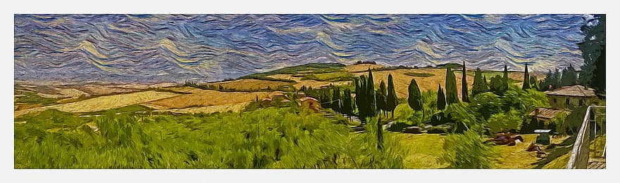 Tuscany, Toscana, Landscape, Italy, Rolling Hills, Travel, Tourism, Mediterranean, Digital Painting, Manipulation