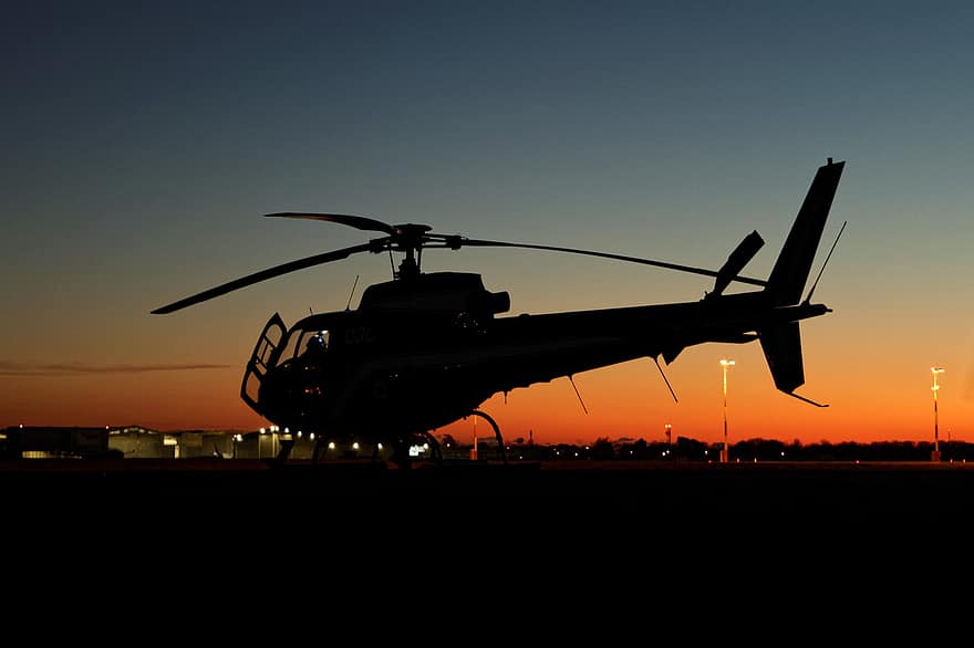 helikopter, gendarmeri, solnedgång, flyg