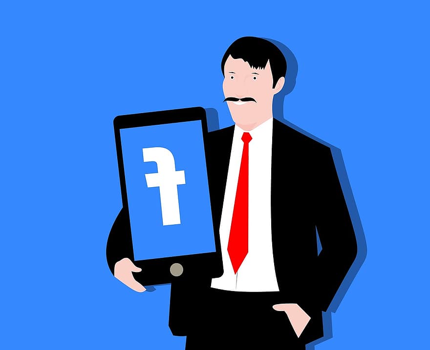 Facebook, aplikace, muž, hospodářství, chytrý telefon, sociální média, velký, legrační, podnikání, podnikatel, digitální