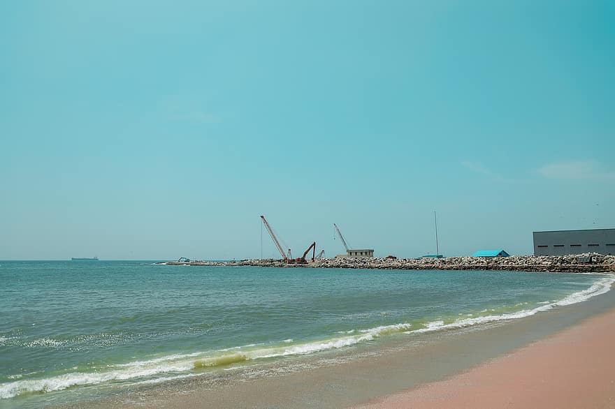 strand, hamn, hav, Thiruvananthapuram, trivandrum, kerala, indien, Vizhinjams hamn, Kerala Beach, kust, sand