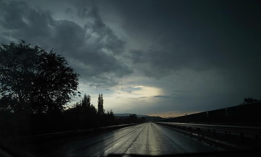 carretera, vespre, fosc, silueta, cel, núvols, temps, nit, Camí, paviment, paisatge