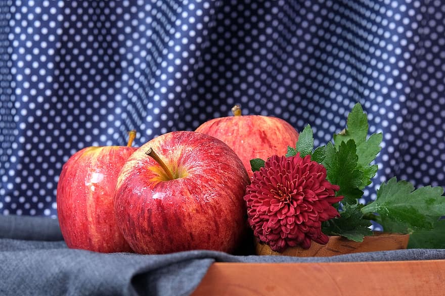 gyümölcs, alma, krizantém, virág, frissesség, levél növényen, élelmiszer, faipari, közelkép, asztal, organikus