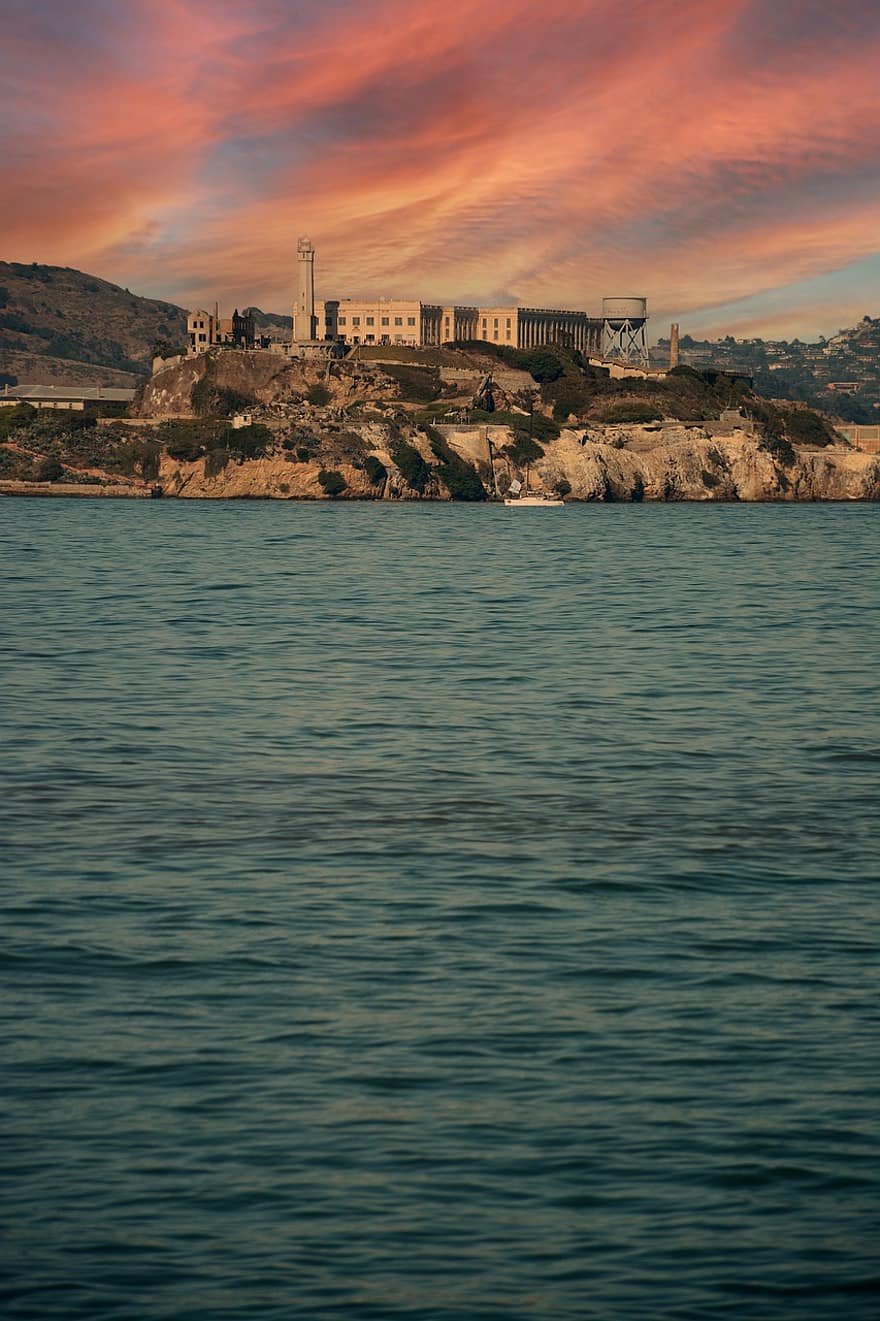 isola, costruzione, baia, acqua, mare, oceano, costa, storico, prigione, isola di alcatraz, San Francisco