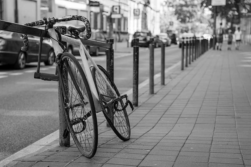 pyörä, polkupyörä, katu, kaupunki, pysäköity, jalkakäytävä