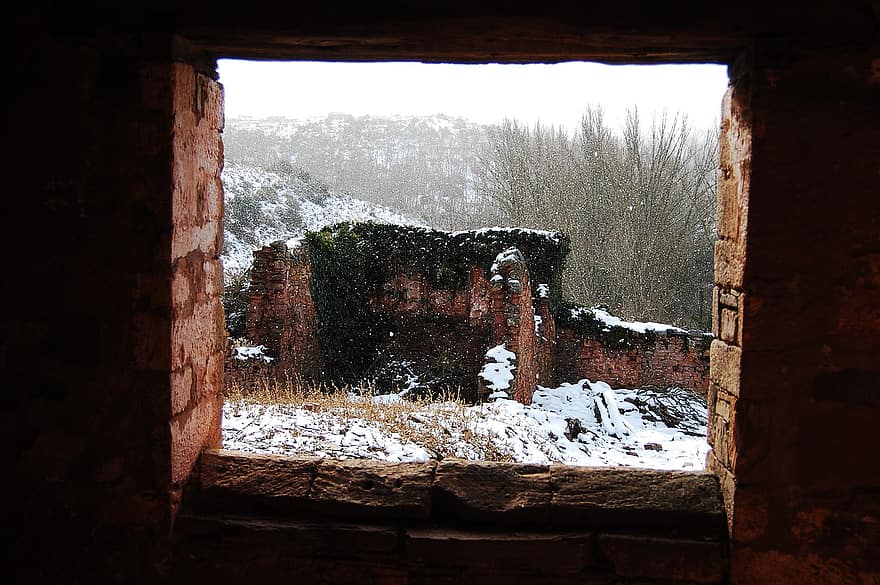 ruïnes, finestra, nevar, neu, nevat, hivern, fred, arquitectura, maó, vell, antiga ruïna