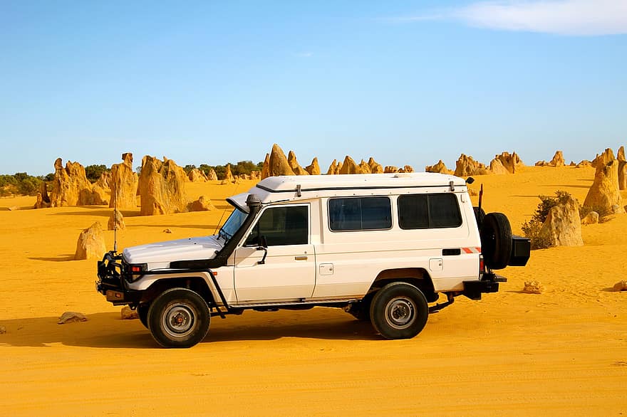 samochód, pojazd, pustynia, kamienie, piasek, naturalny, sceniczny, punkt orientacyjny, turystyka