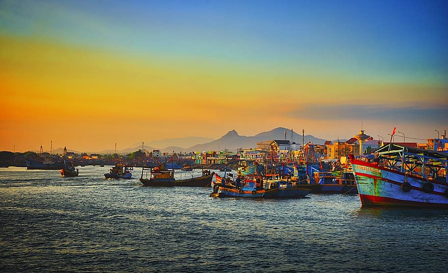 Boats, Sea, Sunset, Fishing Boats, Sky, Clouds, Dusk, Twilight, Mountain, Countryside, Rural