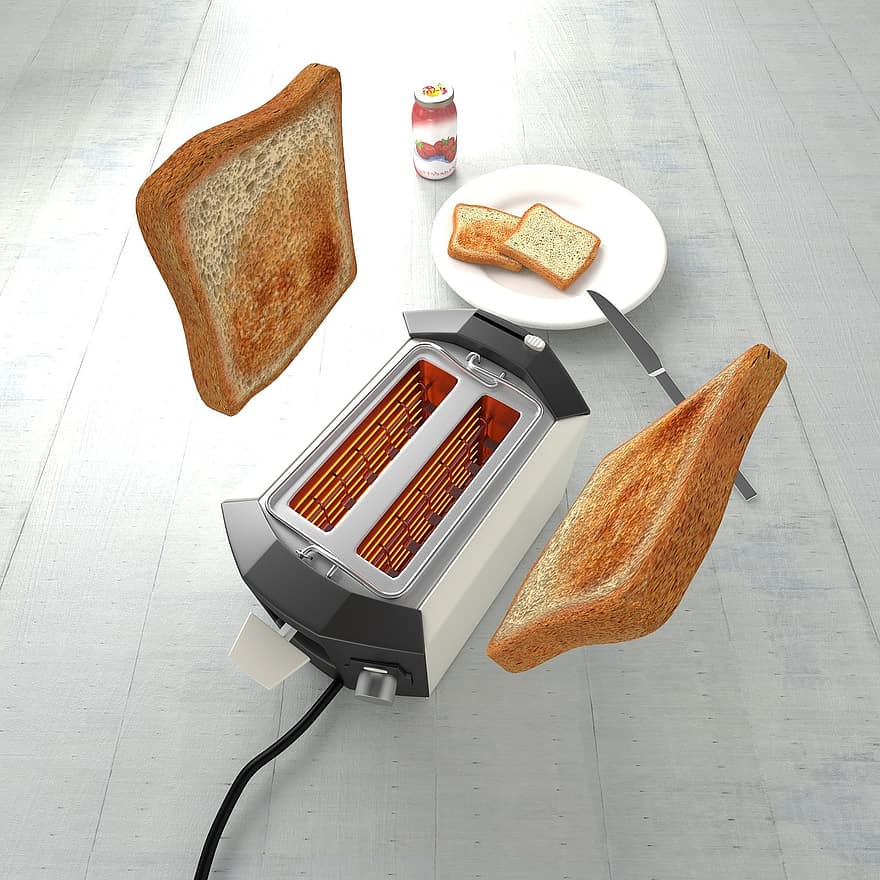 トースト、トースター、朝ごはん、白パン、トーストのスライス、フード、パン、食べる、サンドイッチ、3D