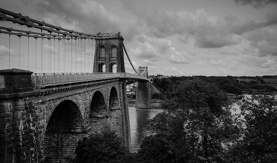 menai suspension bro, bro, hav, monokrom, menai sundet, Anglesey, Wales, struktur, arkitektur, historisk
