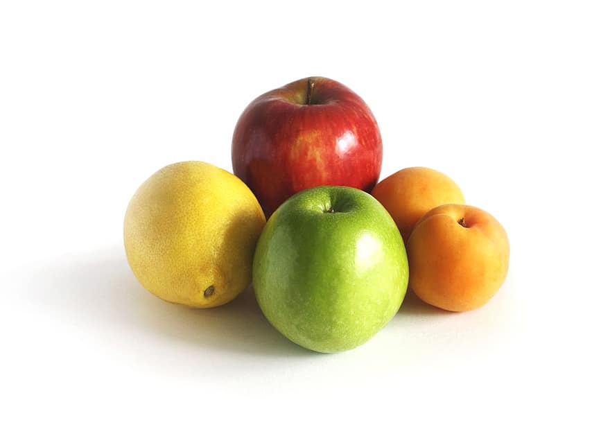과일, 사과 배, 레몬, 다마스쿠스, 그림 물감, 빨간, 녹색, 노랑, 정물, 살구