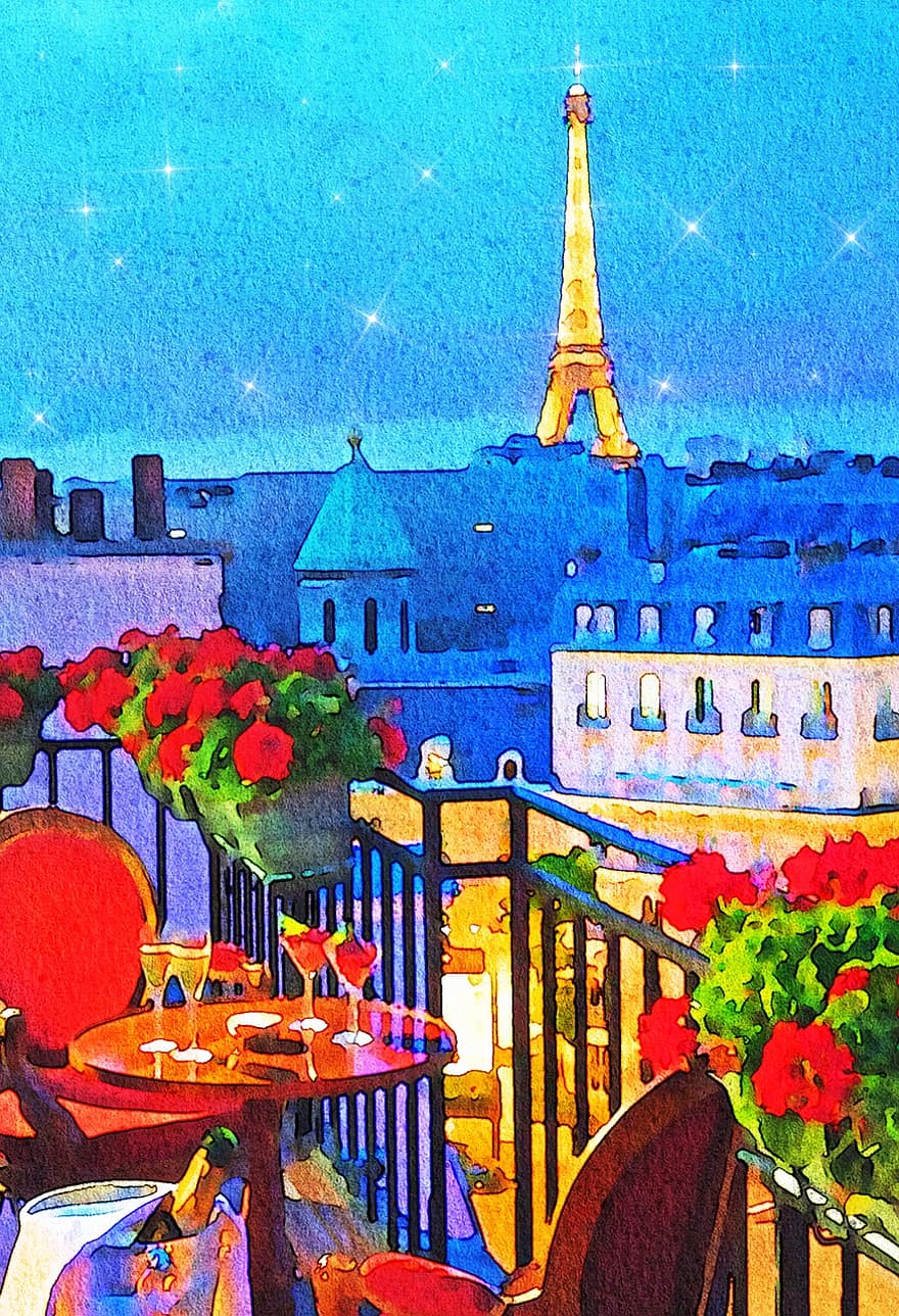 Нощно небе в Париж, Париж Балкон, Айфеловата кула, Париж, балкон, вино, храна, силует, растения, цветя, Франция