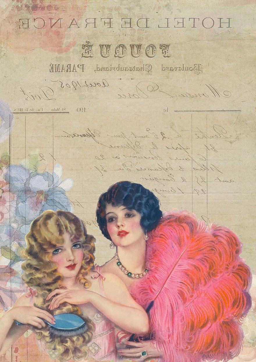 French, Vintage, Girls, Feather, Boa, Retro, Old, Design, France, Card, Romantic