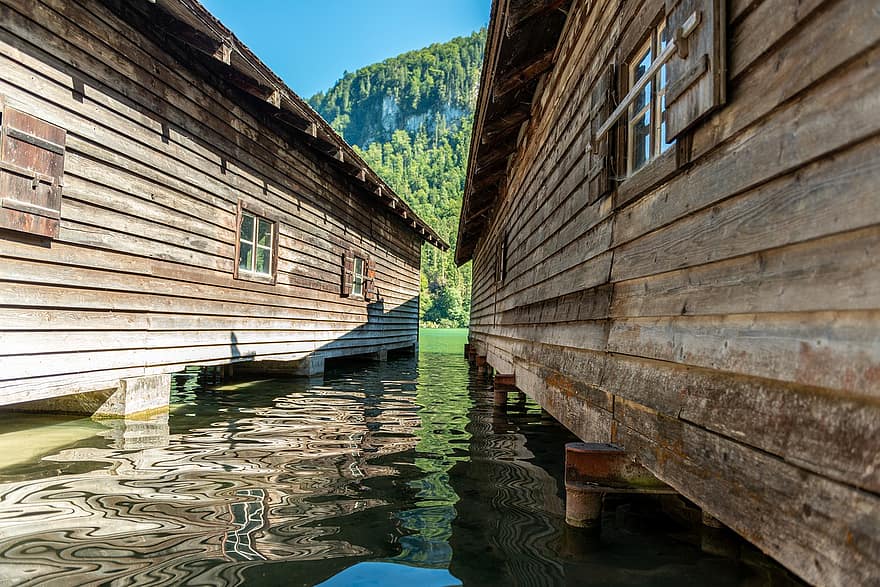 csónakház, tó, Königssee, faházak, épületek, külső, víz, falu, berchtesgadener, bajorországi