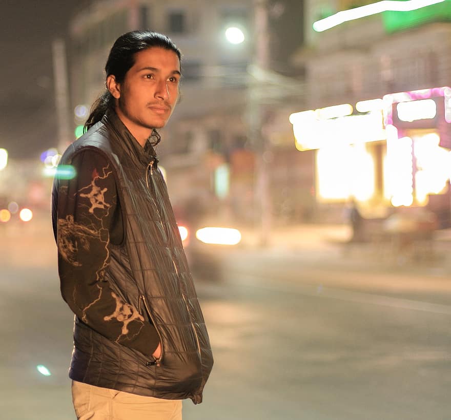 Nacht-, Straße, Fotografie, Licht, Nepal, Modell-, Junge, männlich, Stadt, städtisch, Beleuchtung