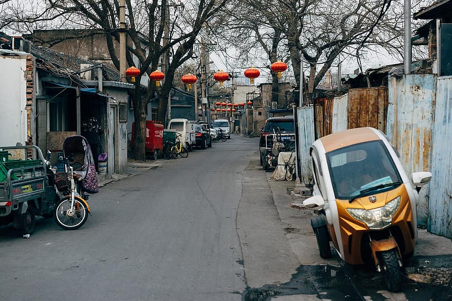 улица, път, автомобили, превозни средства, транспорт, градски, квартал, мизерстващите, Пекин, Китай, начин на живот