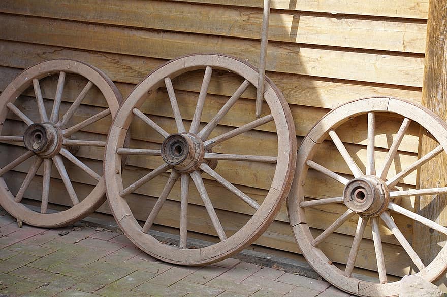 rueda de vagón, rueda, madera, rueda de madera, antiguo