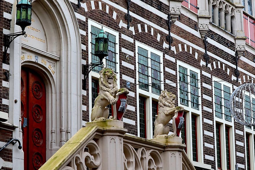 Ayuntamiento, urbano, viaje, turismo, alkmaar, escalera, león, escudo de armas, Holanda, Holanda Septentrional, Países Bajos