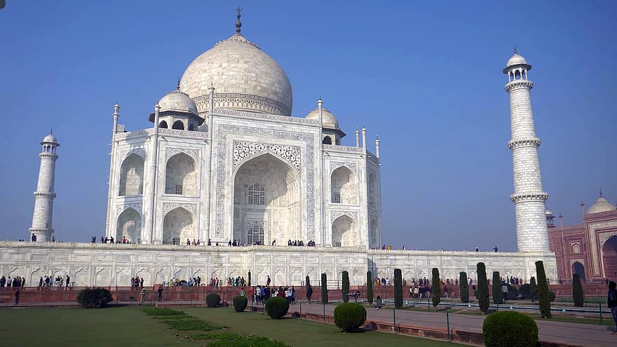 Taj Mahal, síremlék, idegenforgalom, turisták, emberek, épület, építészet, pillér, emlékmű, tájékozódási pont, történelmi