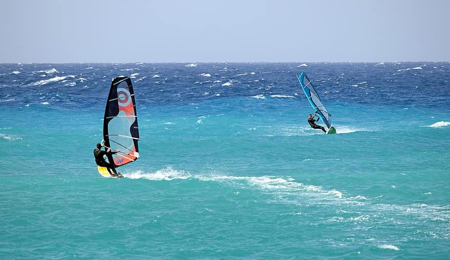 Windsurfing, windsurfistas, mar, deporte, Oceano, Deportes extremos, hombres, ola, agua, verano, kiteboard