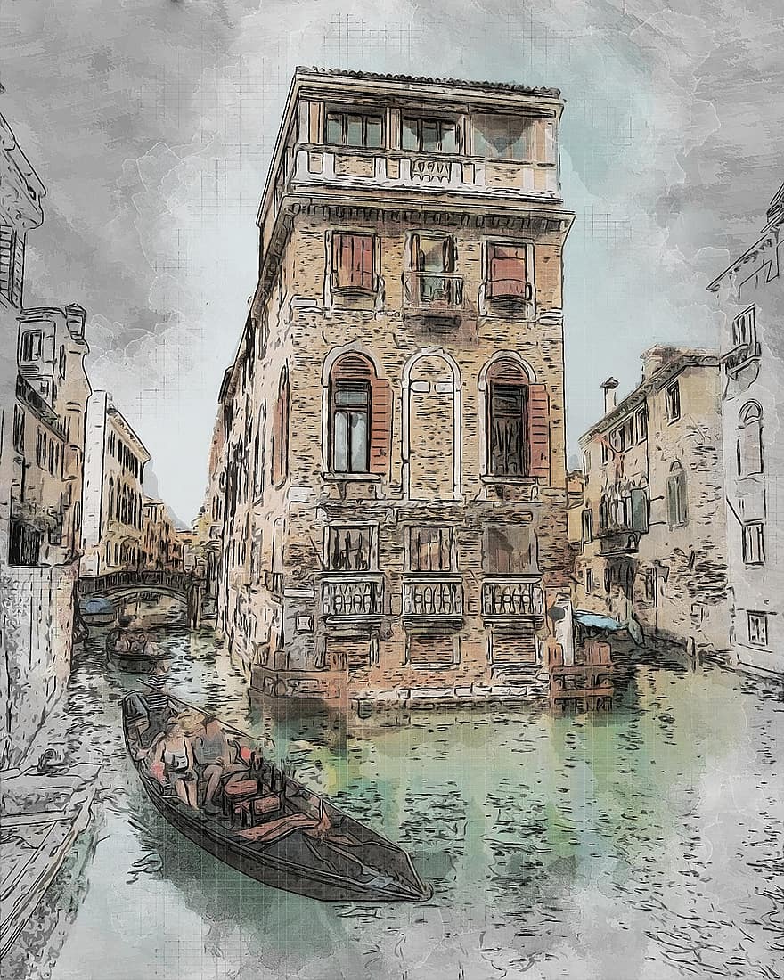 Venēcija, kanāls, foto māksla, pilsēta, ēkām, gondola, vecs, ūdens, arhitektūra, ceļot, tūrismu
