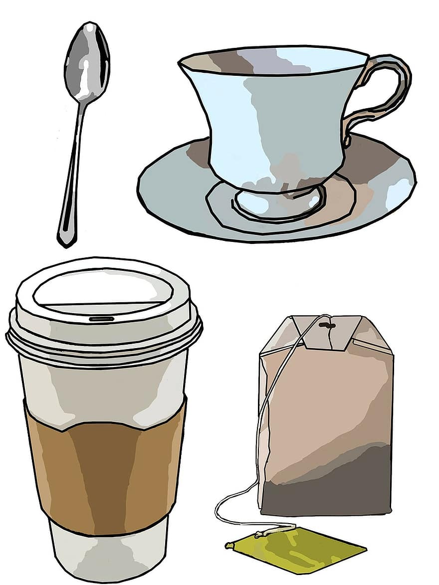 кофе, кружка, чай, чайный пакетик, ложка, клип