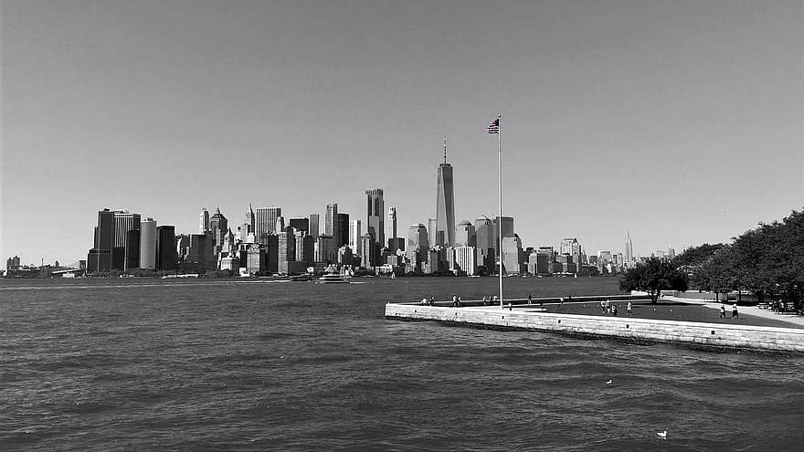 Nowy Jork, sylwetka na tle nieba, wyspa ellis, nyc, Manhattan, USA, Stany Zjednoczone, Miasto