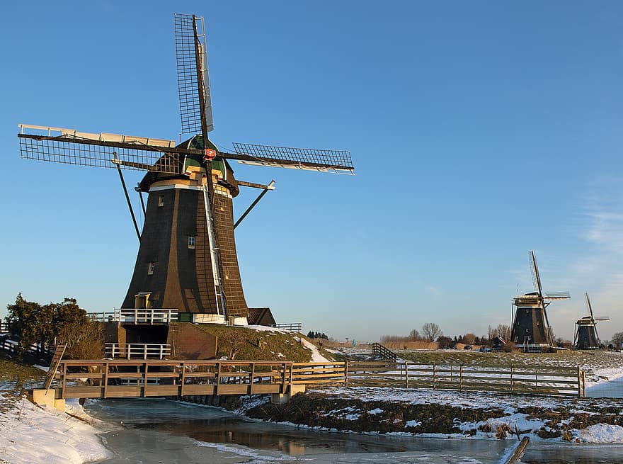 vindkraftverk, ängar, vinter-, snö, landskap, holland, nederländerna, vatten